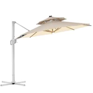 12 ft. 2 Tiers Aluminum Patio Offset Umbrella Cantilever Umbrella, Center light and Strip Lights in Beige
