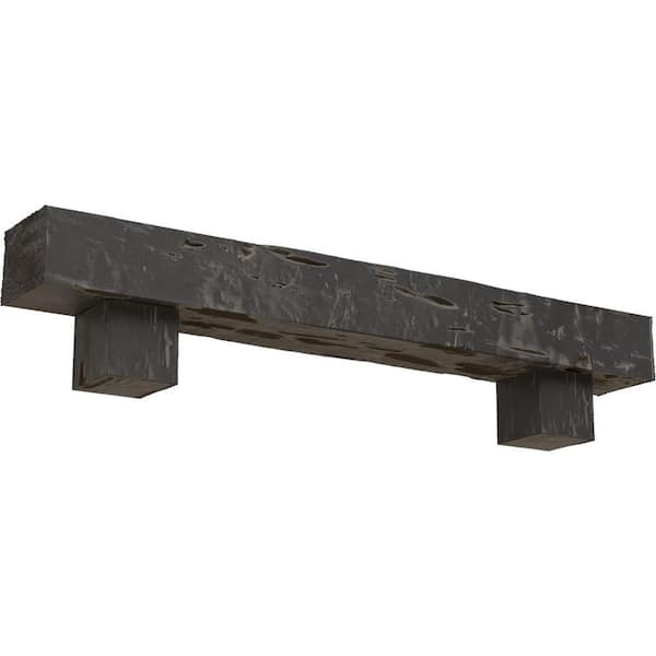 Ekena Millwork 8 in. x 10 in. x 5 ft. Pecky Cypress Faux Wood Fireplace Mantel Kit, Alamo Corbels, Aged Cedar