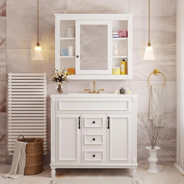 Zeus & Ruta 36 in. W x 18 in. D x 34 in. H Single-Sink Freestanding Bath Vanity in White with White Top and Mirror Cabinet