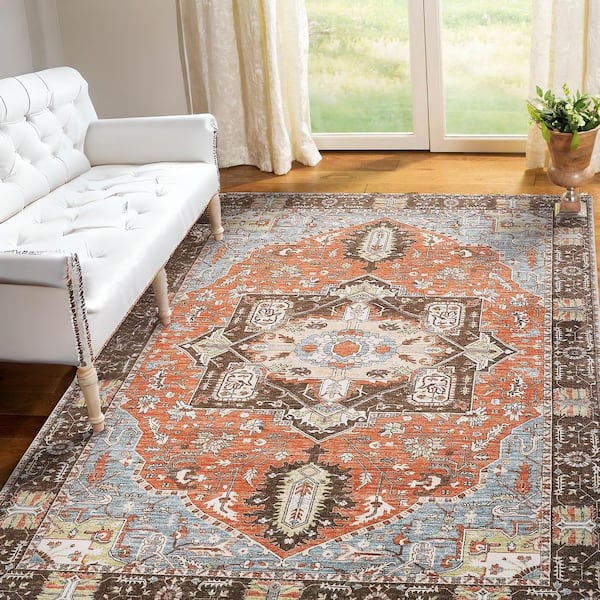 Polyester Machine Washable Orange Boho 5 ft. x 7 ft. Indoor