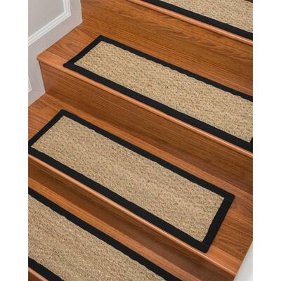 9” x 29” Half Panama Beige Seagrass Stair Treads with Black Border, Set of 13 Natural Stair Tread Carpet