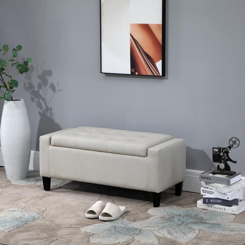 HOMCOM Classic Beige Linen Upholstered Storage Ottoman Bench