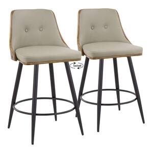 Gianna 25.25 in. Lt. Grey Faux Leather, Walnut Wood, Black Metal Counter Height Bar Stool Tapered Metal Legs (Set of 2)