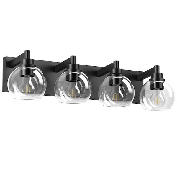 27 in. 4-Light Modern Matte Black Wall Sconce With Clear Glass Shade For Bathroom, Entryway