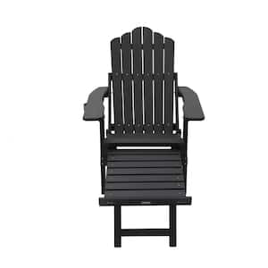 Black Folding Plastic Outdoor Adirondack Chair with Pull-out Ottoman and Cup-Holder