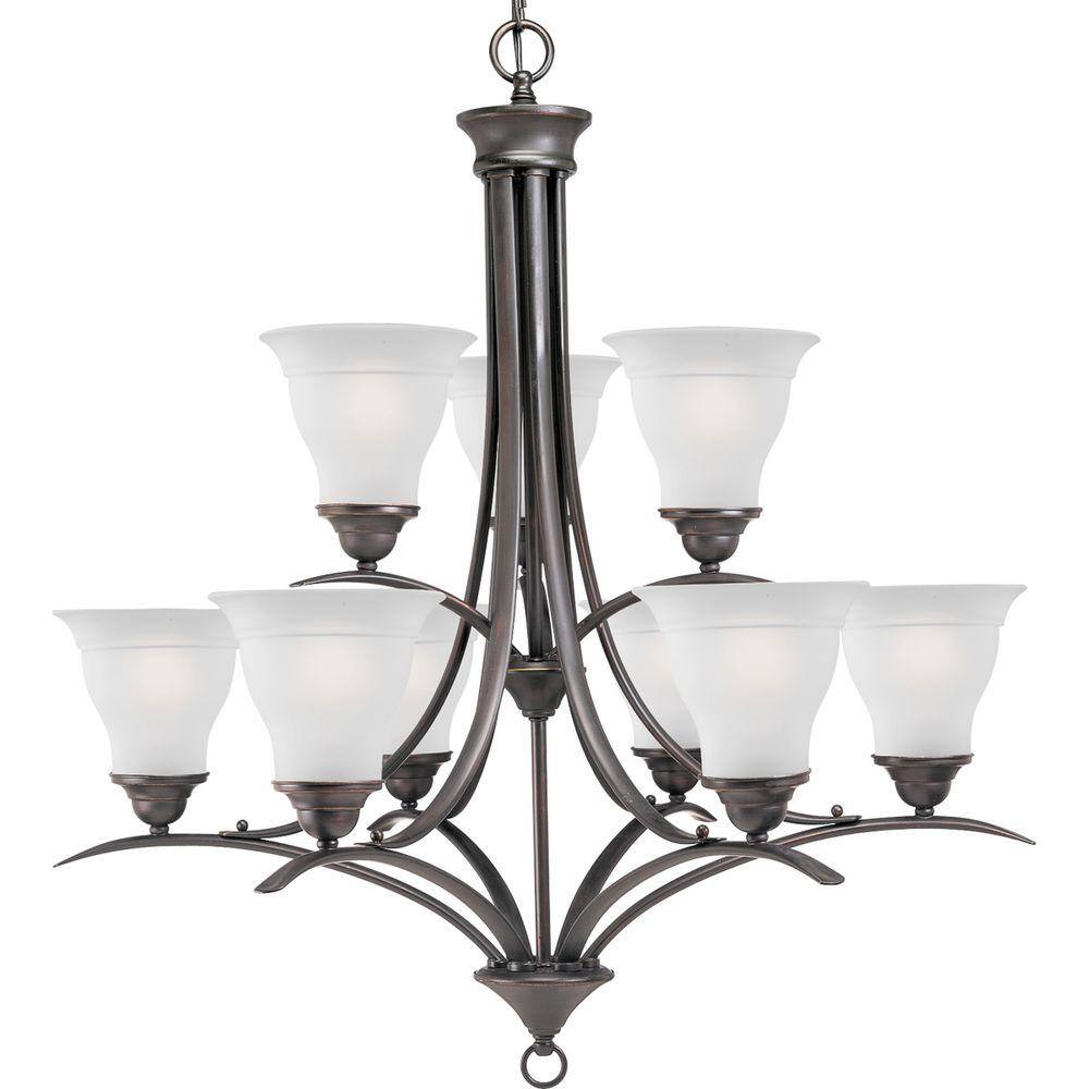 Antique Bronze 33" Two-Tier Chandelier with Etched Glass Shades
