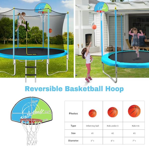 8 ft. Trampoline for Kids with Safety Enclosure Net Basketball Hoop and Ladder Outdoor Round Recreational Trampoline