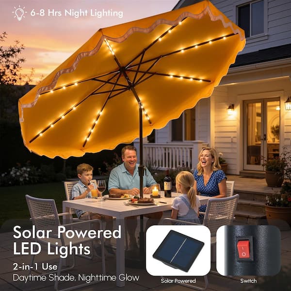 1 outdoor patio market umbrella with solar power led lights Caodoc 10 ft. Miro Market Solar LED Lighted Outdoor Patio Umbrella in Yellow with Crank Lift System and UV-Resistant Fabric