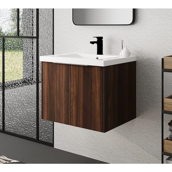 Staykiwi 24 in. W x 18 in. D x 20 in. H Floating Bathroom Vanity Set in California Walnut with White Cultured Marble Top