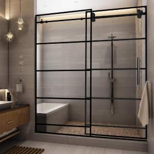 Marcella 44- 48 in. W x 76 in. H Single Sliding Shower Door Reversible Handle in Matte Black Grid 3/8 in. thick Tempered