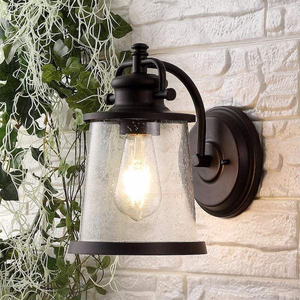 JONATHAN Y Marais 6.75 in. Iron/Seeded Glass Vintage Rustic LED Outdoor Sconce Lantern, Oil Rubbed Bronze