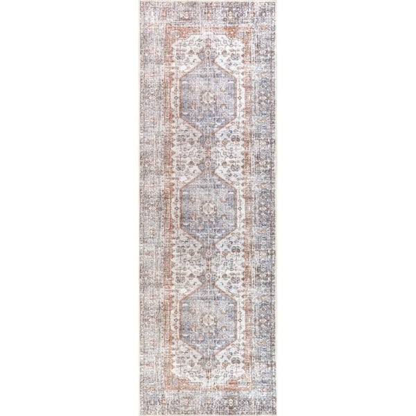 Vintage Medallion Spill Proof Washable Light Grey 2.6 ft. x 12 ft. Indoor Area Rug
