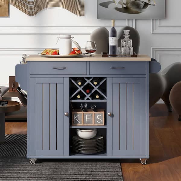 Tileon Blue Wooden Kitchen Island with 2-Drawer, Wine Rack and Towel Rack