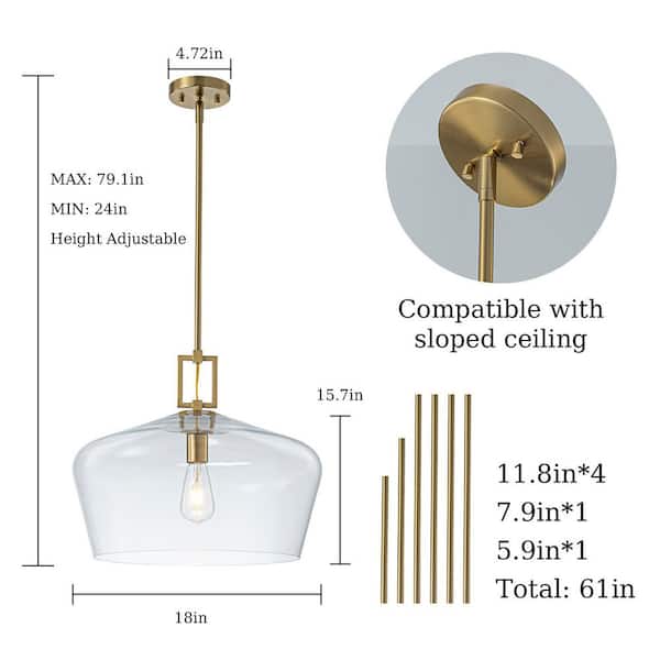 ZYZWMB Tallivor 18 in. 1-Light Brass Pendant Light with Clear