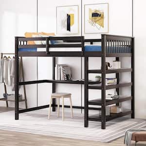 Espresso Full Size Loft Bed with Storage Shelves and Under-Bed Desk