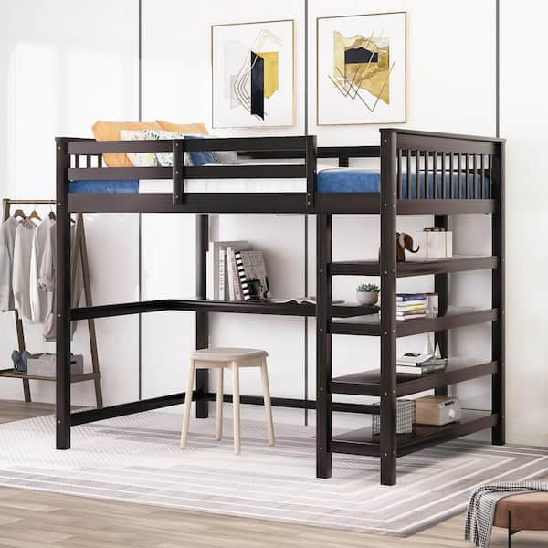 Qualler Espresso Full Size Loft Bed with Storage Shelves and Under-Bed Desk