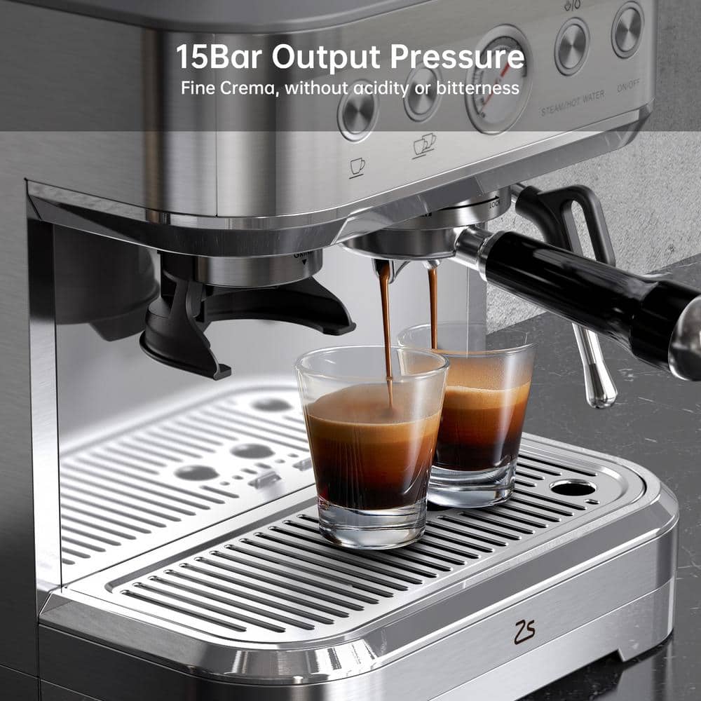 2 Cups 15 Bar Silver Semi-Automatic Espresso Machine Coffee Maker with Grinder and Milk Steamer - Thumbnail 3