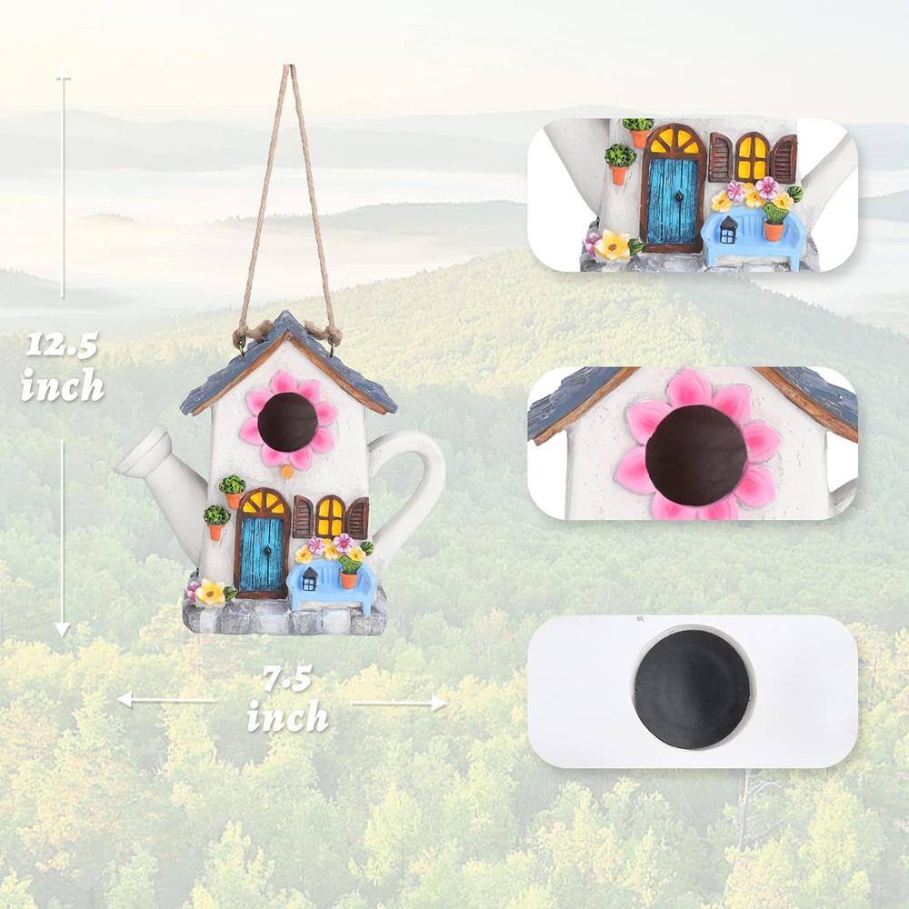 Multi-Colored Resin Watering Can Hanging Bird House with Flower Design