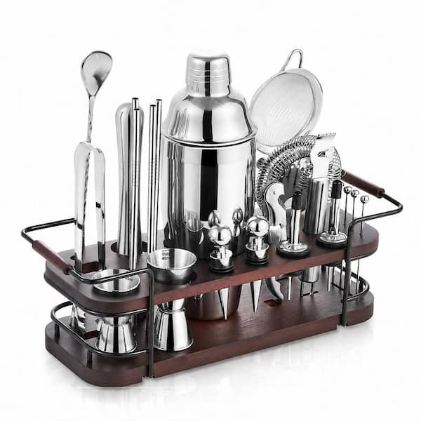 24-Piece Silver Stainless Steel Cocktail Shaker Set with Wood Stand Bartender Kit