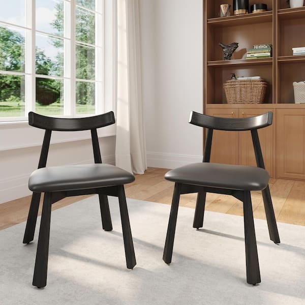 Black Microfiber Leather Dining Chair (Set of 2), Upholstered Side Chairs with Wood Legs for Dining Room