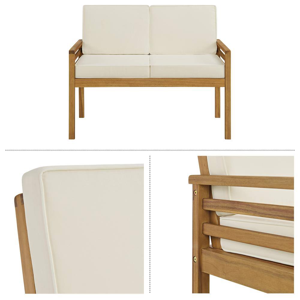 Natural Wood Two-Seater Outdoor Bench with Cream Cushions