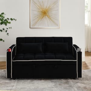 55 in. W 3-in-1 Convertible Velvet Sleeper Sofa Bed with 2 Pillows & USB Charging Ports, Black, 2-Seater Loveseat