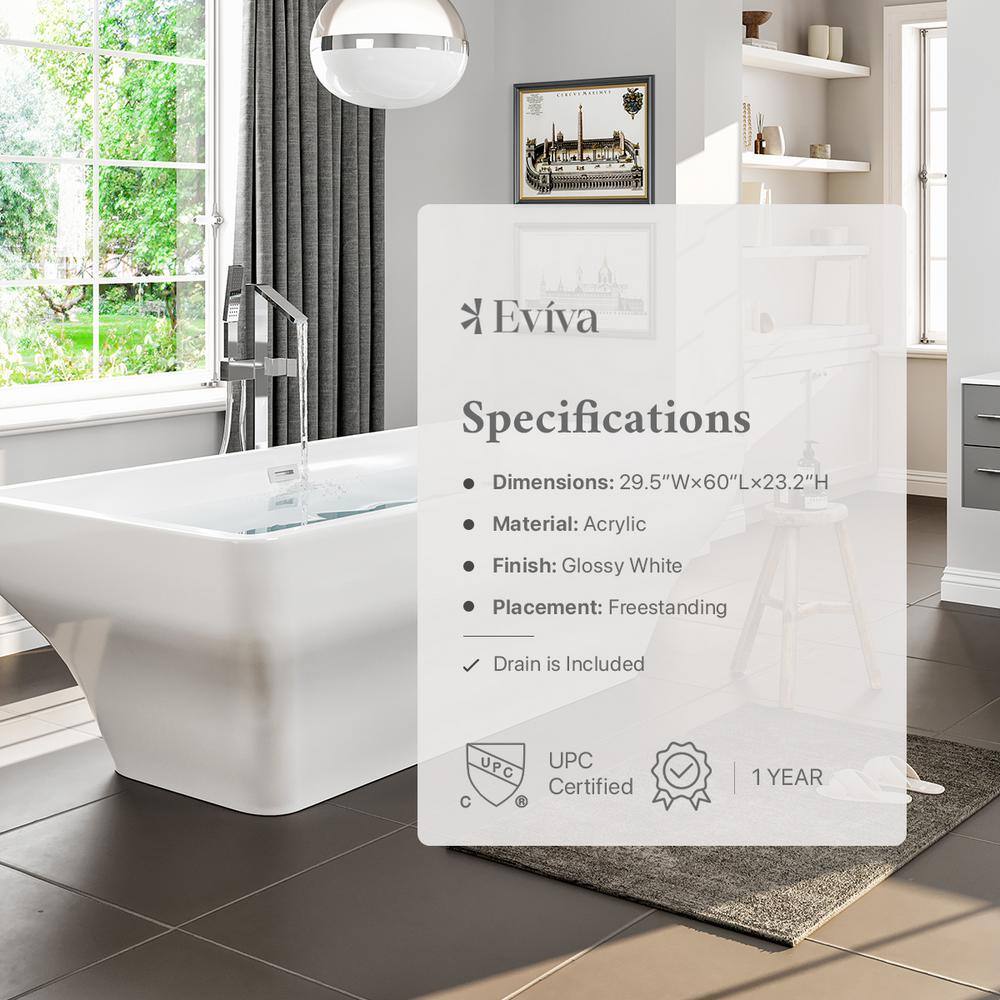 59'' White Acrylic Freestanding Soaking Bathtub