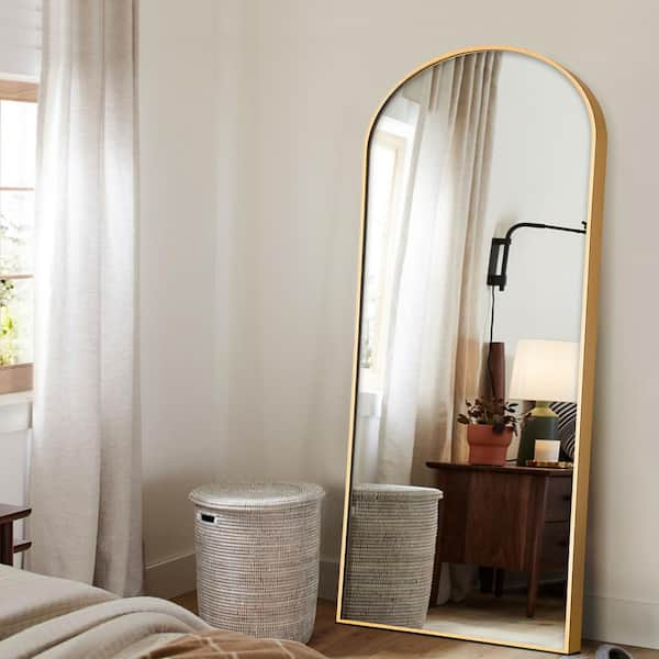 Unbranded 30 in. x 67 in. Modern Arch Metal Framed Gold Floor Standing Mirror