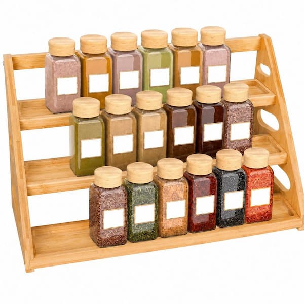 3 Shelf Natural Bamboo Countertop or Cabinet Spice Rack Organizer Tiered Kitchen Storage for Jars and Bottles