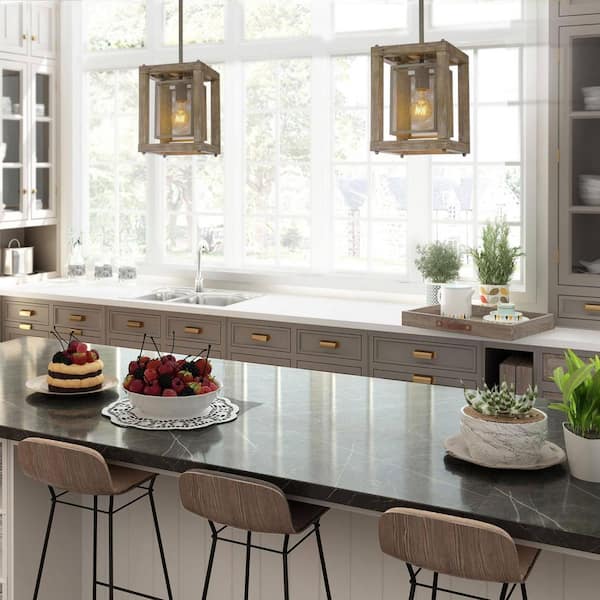 1-Light Distressed Wood and Metal Indoor Mini Pendant Light Farmhouse Ideal for Kitchen, Dining Room, and Living Room