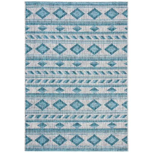 Courtyard Gray/Teal 2 ft. x 4 ft. Striped Diamond Geometric Indoor/Outdoor Area Rug