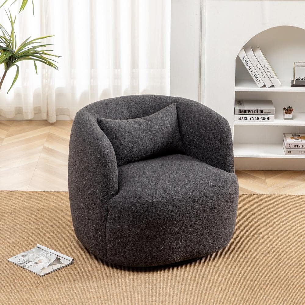 KINWELL Dark Gray Poly Blend Boucle Fabric Upholstered Swivel Armchair