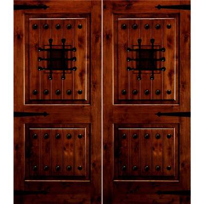 60 in. x 96 in. Mediterranean Knotty Alder Square Top with Red Mahogony Stain Right-Hand Wood Double Prehung Front Door