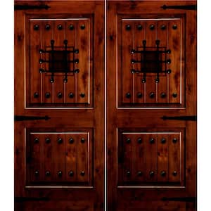 60 in. x 96 in. Mediterranean Knotty Alder Square Top with Red Mahogony Stain Left-Hand Wood Double Prehung Front Door