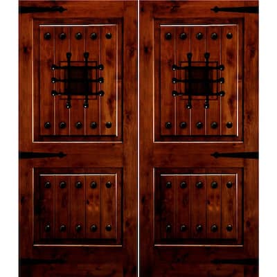60 in. x 96 in. Mediterranean Knotty Alder Square Top with Red Mahogony Stain Right-Hand Wood Double Prehung Front Door