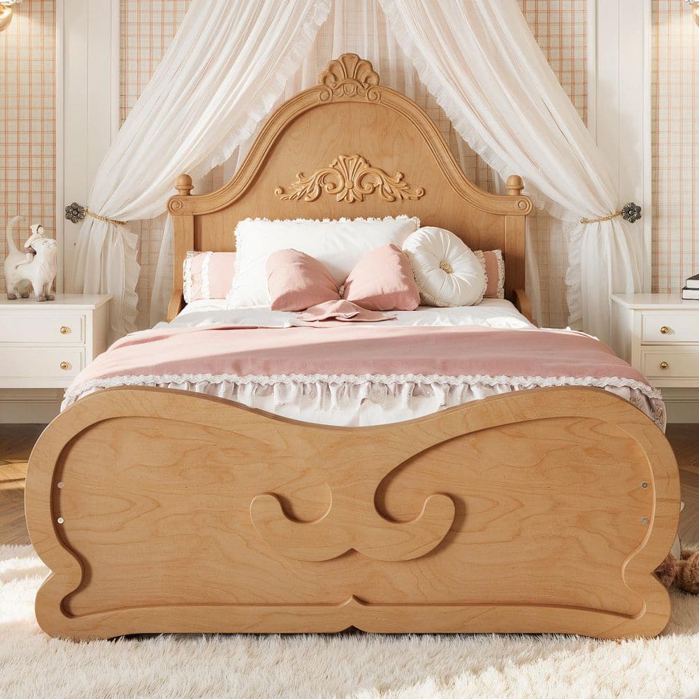 Brown Wood Frame Twin Size Vintage Carved Platform Bed with Headboard, Low Profile Platform Bed for Kid