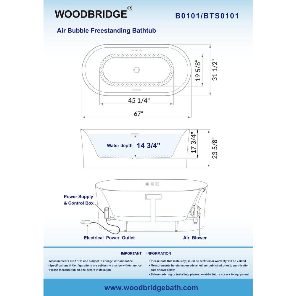 67" White Freestanding Acrylic Air Soaking Bathtub with Brushed Nickel Trim