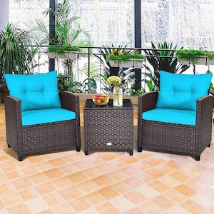 3-Pieces Rattan Outdoor Patio Conversation Set with Coffee Table Turquoise Cushion