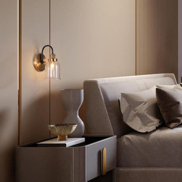 Walnute Modern 1-Light Seeded Glass Brass Gold Wall Sconce, Black Bell Bathroom Vanity Light Transitional Wall Lighting