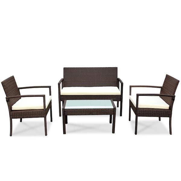 maocao hoom 4-Piece Wicker Patio Conversation Set with Beige Cushions