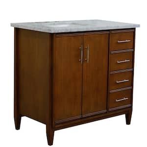 37 in. W x 22 in. D Single Bath Vanity in Walnut with Marble Vanity Top in White with Left White Rectangle Basin
