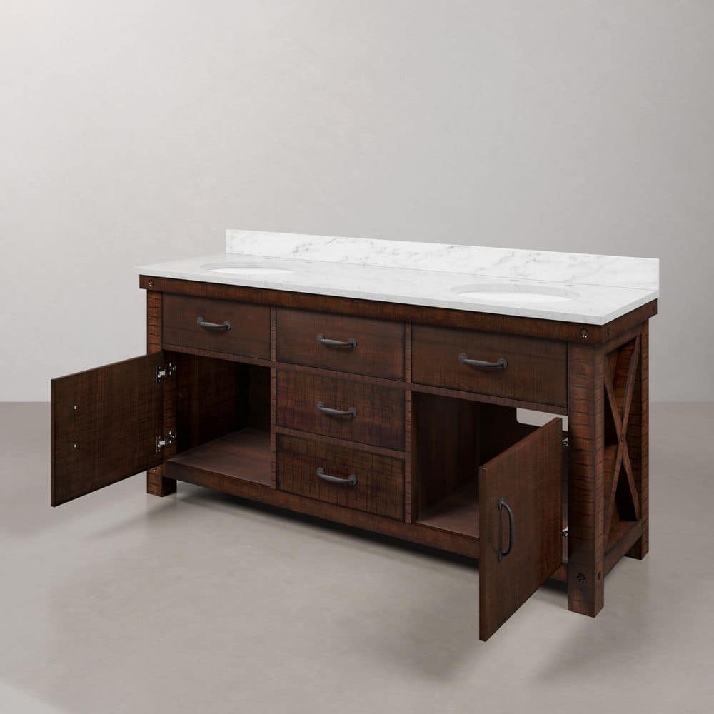 Aberdeen 72" Double Sink Rustic Sierra Vanity with Carrara White Marble Top