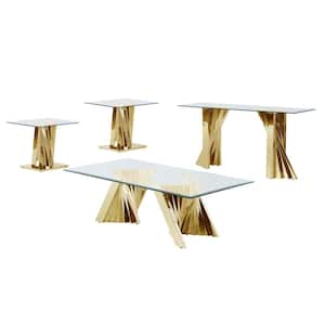 Ozuna 55 in. Tempered Clear Glass Gold Stainless Steel, Rectangle Coffee Table of 4 Pieces