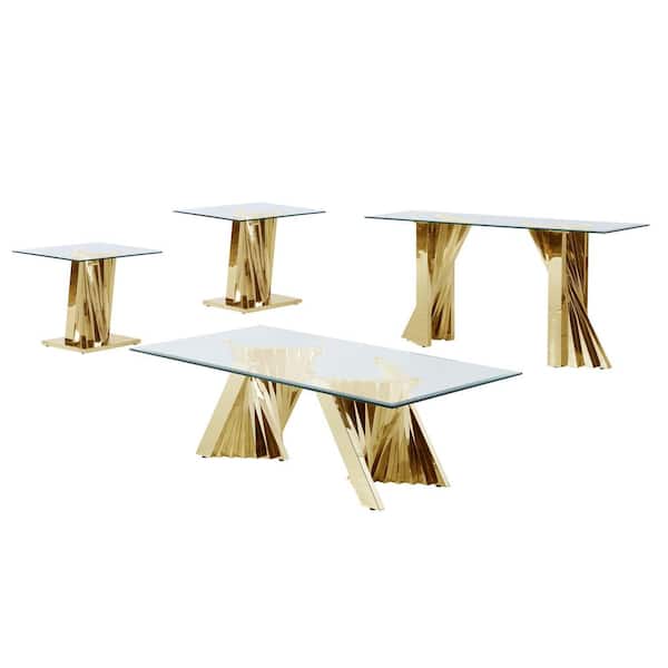 Best Quality Furniture Ozuna 55 in. Tempered Clear Glass Gold Stainless Steel, Rectangle Coffee Table of 4 Pieces