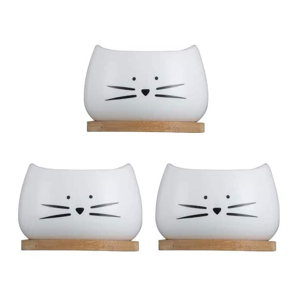 3.2 in. L x 3.2 in. W x 2.66 in. H White Indoor Outdoor Ceramic Cute Cat Succulent Window Boxes & Throughs Pots Set of 3