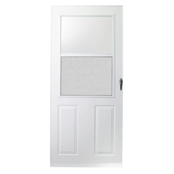 EMCO 200 Series 30 in. x 80 in. White Universal Traditional Self-Storing Storm Door with Black Hardware