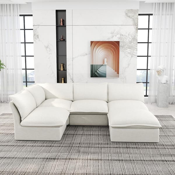 Magic Home 122.8 in. Flared Arm 4-Piece Linen L-Shaped Sectional Sofa Pine Wood Overstuffed Cloud Couch with White Storage Ottoman