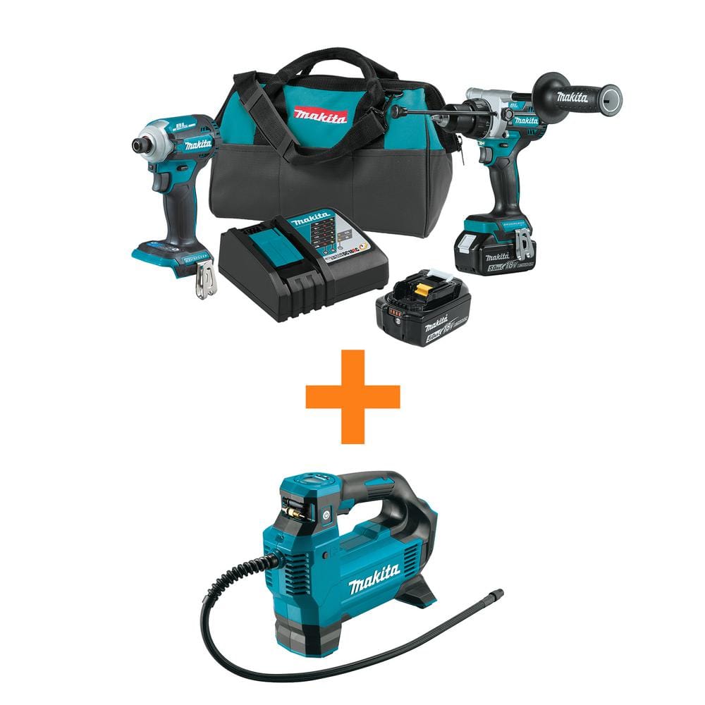 18V LXT Lithium-Ion Brushless Cordless Combo Kit 5.0 Ah (2-Piece) with bonus 18-Volt LXT High-Pressure Inflator -  Makita, XT288T-DMP181ZX