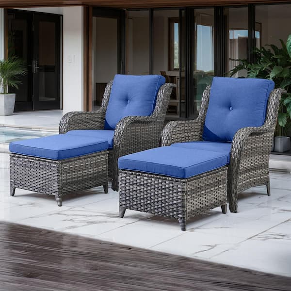 moosprr 4-Piece Patio Gray Wicker Outdoor Chat Sets with Blue Olefin Cushions and Matching Ottomans