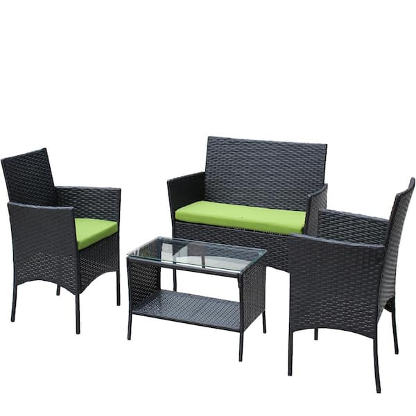 Unbranded 4-Piece Black Outdoor Wicker Patio Conversation Patio with Green Cushion and Top Glass Table